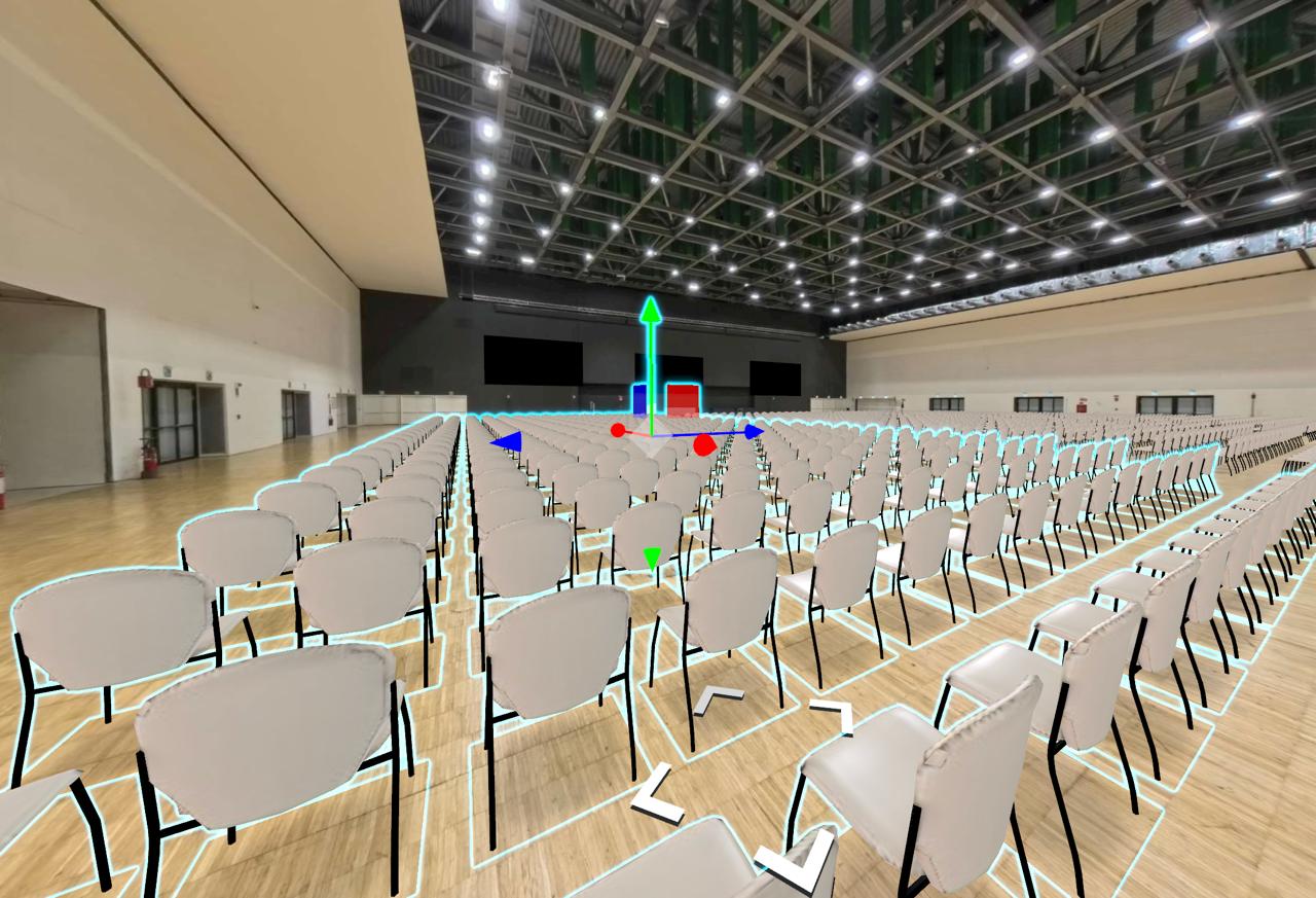 Photorealistic rendering: virtual tour space with realistic CGI chairs